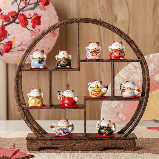 Lucky Cats with Wooden Rack