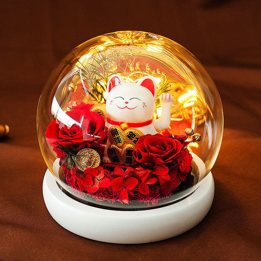 Lucky Cat with Preserved Flower