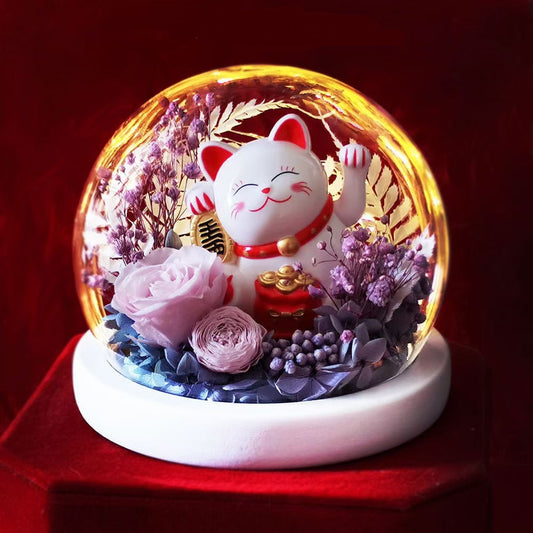 Lucky Cat with Preserved Flower