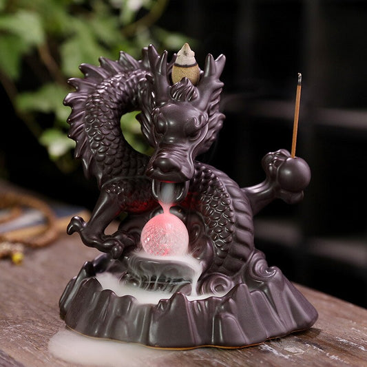 Ceramic Dragon Backflow Incense Burner With Crystal and Stick Holder