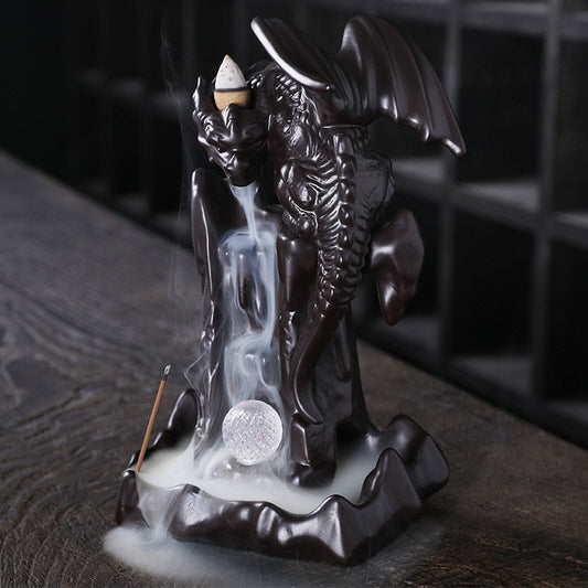 Dragon Waterfall Backflow Incense Burner Holder With LED Light Zen Crystal Ball