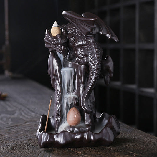 Dragon Waterfall Backflow Incense Burner Holder With LED Light Zen Crystal Ball