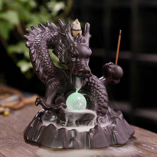 Ceramic Dragon Backflow Incense Burner With Crystal and Stick Holder