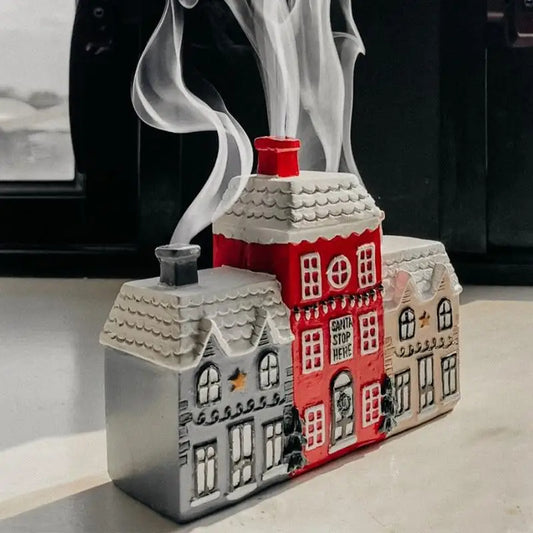 Christmas House Incense Burner - Resin Village Log Cabin Chimney Holder for Festive Home Decoration