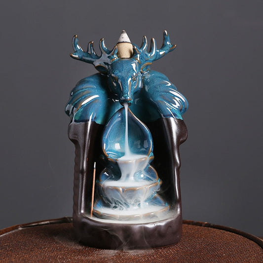 Blue Lucky Deer Ceramic Waterfall Backflow Incense Burner