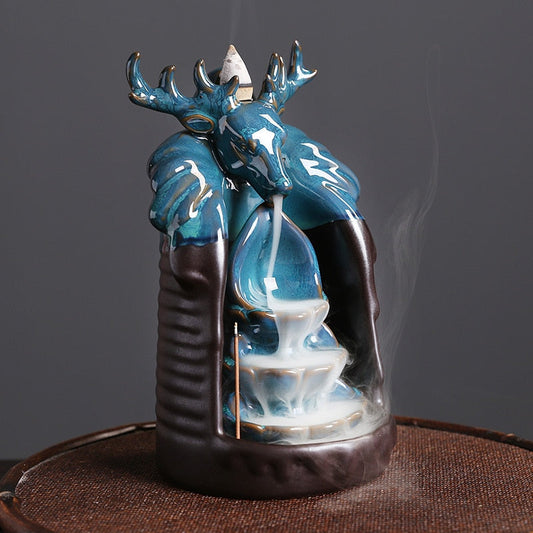 Blue Lucky Deer Ceramic Waterfall Backflow Incense Burner