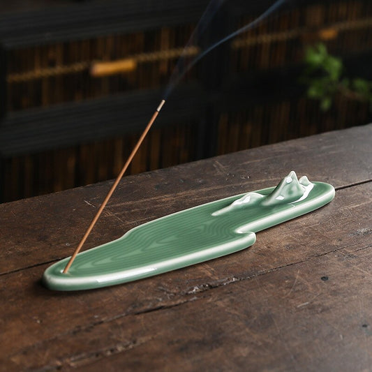 Celadon Green Ceramic Incense Stick Holder With Mountains