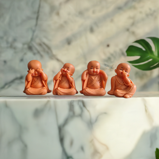 Set of 4 Pink Little Monks Statues for Good Luck