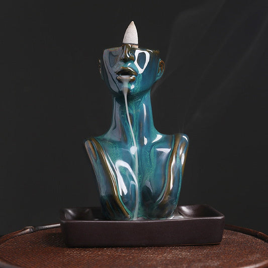 Beauty Statue Half-Head Blue Ceramic Incense Burner