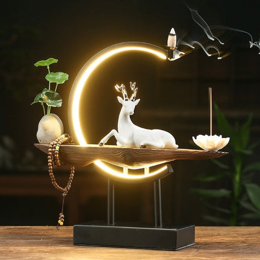 Lucky Deer LED Waterfall Backflow Incense Burner With Lotus