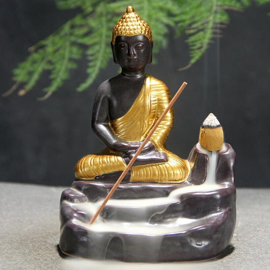 Golden Ceramic Backflow Incense Burner Buddha