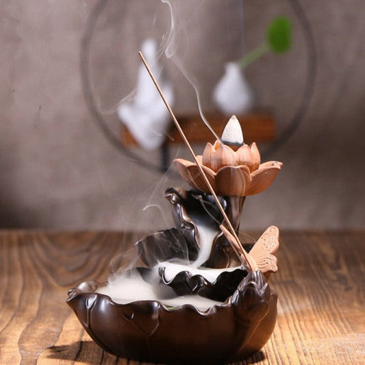 Lotus Flower Pond Incense Cone Burner With Butterfly