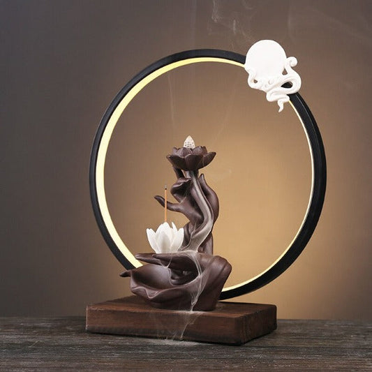 White Lotus Large Backflow Incense Burner Lamp With LED