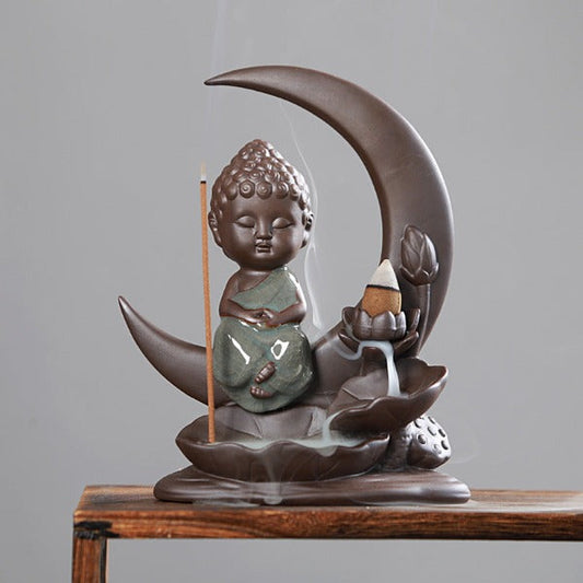 Little Buddha With Moon Incense Burner And Lotus Leaves