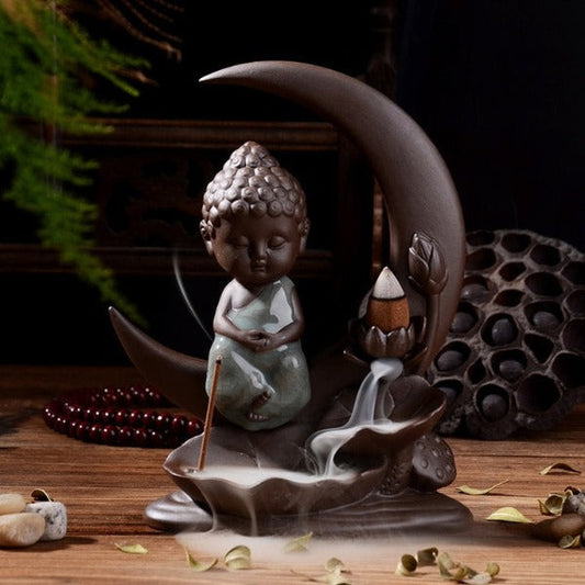 Little Buddha With Moon Incense Burner And Lotus Leaves